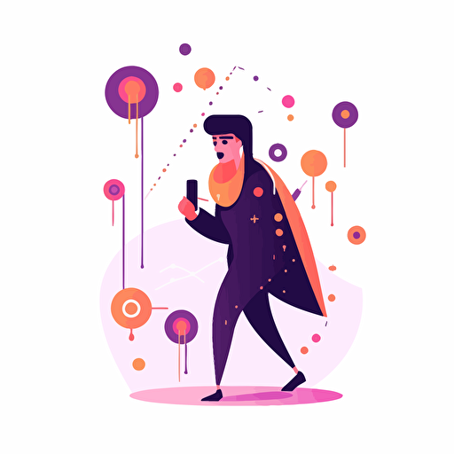 simplified flat art vector image of hacker using cellphone and a bubble on top of the man with three dots in it on a white background, Corporate Memphis style