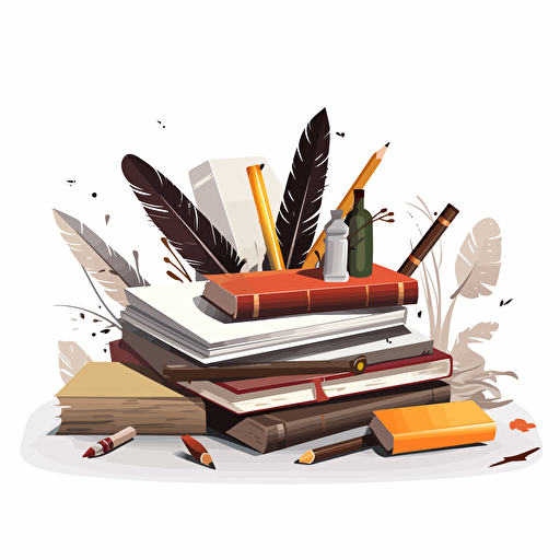 vector image with white background of a desk piled with books and quills