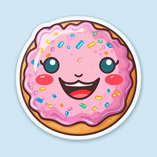 sticker, donut with sprinkles, cute face. kawaii, contour, vector, white border, gray background
