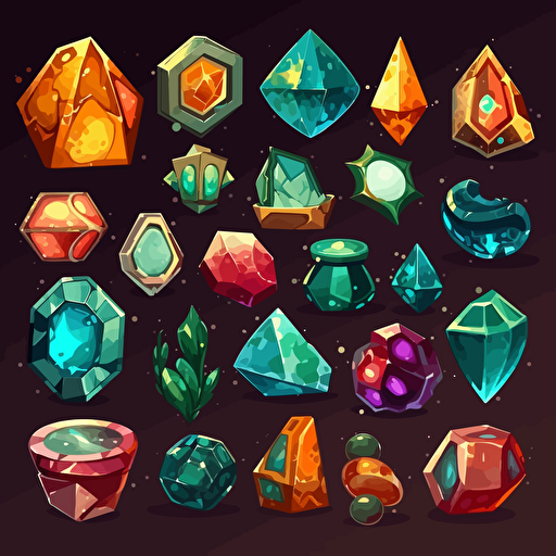 Gems, items, shiny object, high detail, symmetrical, vector, cartoon