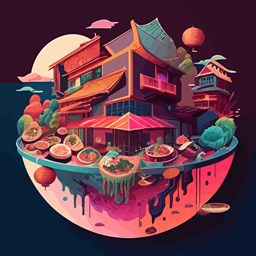 colorful vector art, a multiverse of asian food and buildings