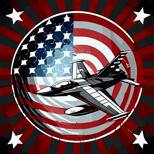 red, white, black, chess board, silver fighter jet in circle, badge, american flag, stars, stripes, jet plane, vector art, illustration, 2d, detailed,