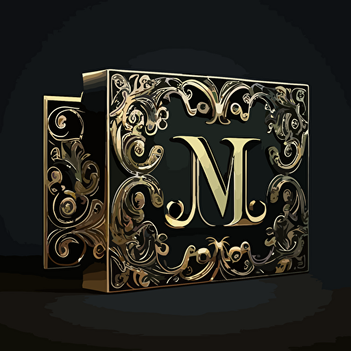 rettangular business card logo, gold ghotic letter M, black background, dark ornamental style, vector, ultra definition