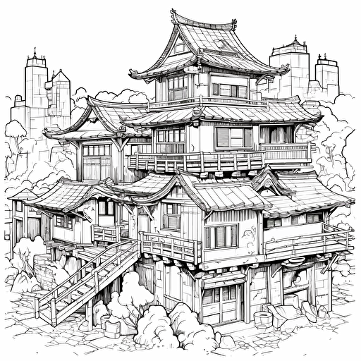 DND Fantasy. Japanese Style City. Wooden Architecture. No Shadow. Cartoon. Coloring page. Vector. Simple.