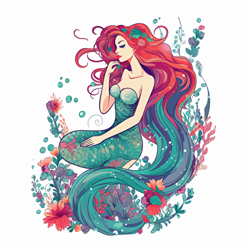 mermaid, detailed, cartoon style, 2d clipart vector, creative and imaginative, floral, hd, white background
