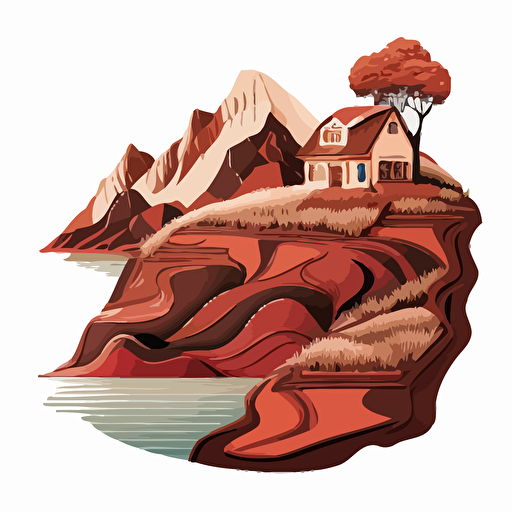 red house on a hill, looking over a lake, STICKER, lonely mood, earthen colors, in the style of Nerfect, CONTOUR, VECTOR, WHITE BACKGROUND, high detail
