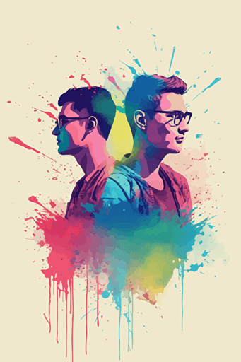 an old real picture of a young gay couple with colorful vector illustrations interventions