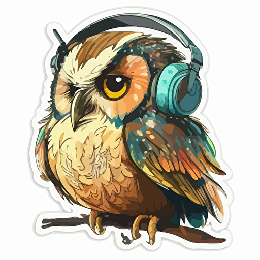 sticker, Happy Colorful Owl Wearing Headphone, Kwaii, vector, contour, white background