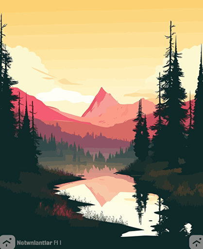 Idyllic sunrise behind an alpine mountain range, pine trees, snow capped mountains, tarn, vector illustration, Disney style