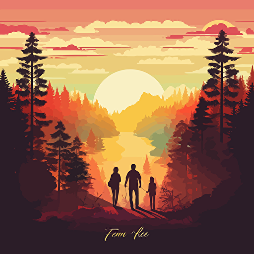 show me a poster of a family enjoying the sunset in the forest. ecofriendly. vector style over white background.