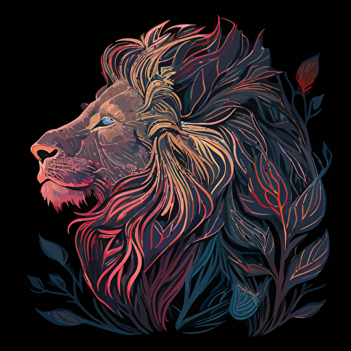 Lion, sticker, triumohant, neon, anime, contour, vector, black background, detailed