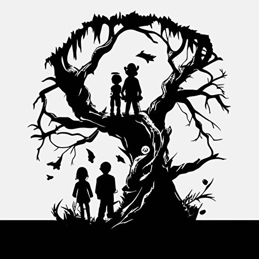 Two little boys and a little girl trapped on top of a tree. Black and White vector image