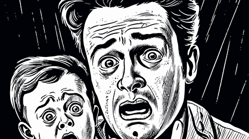 Young father looking desperate holding crying baby, Vector art, funny, black and white ,