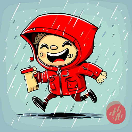 A strong bristish postman in a red post jacket powering through the rain with a smile on his face, cartoon, vector, cute