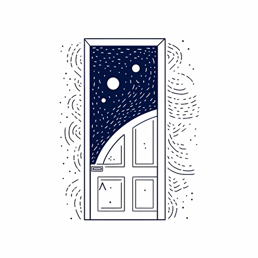 door open to the universe, white background, minimal, vector, doodle, royal blue, simple, clean, grain, art deco, organic
