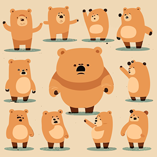 expressive cartoon bears poses in different shapes and sizes, vector, minimal, flat, contemporary, simple, fun