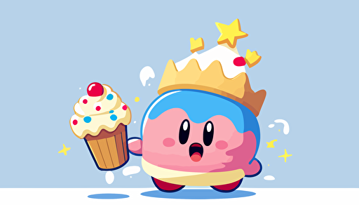 kirby wearing a birthday hat, holding a birthday cake, vector art, flat backgound,