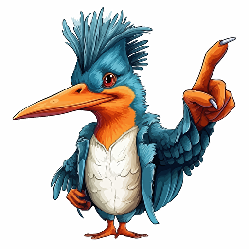 vector illustration of a human-like kingfisher with muscle arms who is pointing with the left arm to the camera, like a "we want you"-sign.