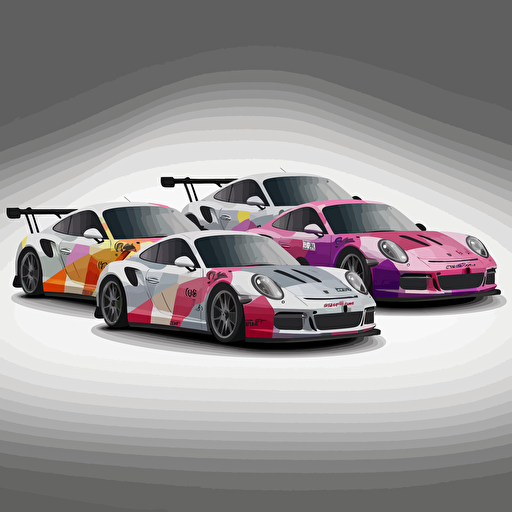 Porsche gt3 livery, epic, creative, legend, minimalist, quaint, agressive, unprecedented, different variants, cute, Synthware, vector, very big tyres