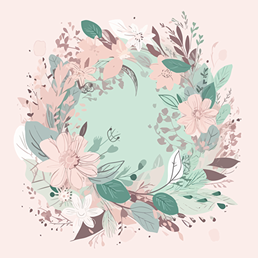 Draw a floral composition in vector art style, with stylized flowers and leaves in pastel tones, in tribute to Women's Day. The colors should be soft and feminine, such as light pink, lavender, and mint green. Frame the image with a 35mm lens and a front-facing perspective, highlighting the flowers and leaves in the composition.