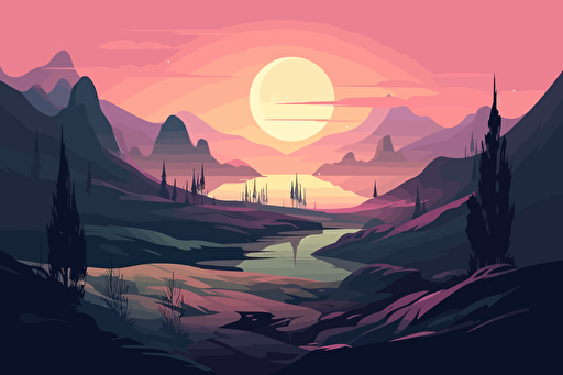 cool landscape on a fictional planet, vector art, flat colors, pastel colors, minimalistic,