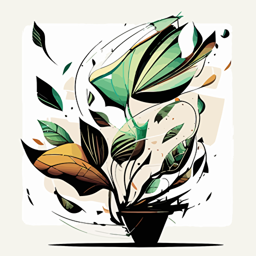 abstract vector art of green leaves, flying cup of tea, botanica, cubist style, 2d, black outline