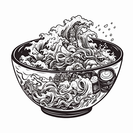 ramen bowl, black and white, vector art, white background