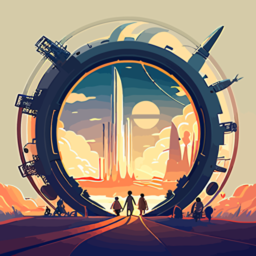 Vector based art of a portal located in a planet leading to a high tech futuristic city and children on flying sticks entering the portal
