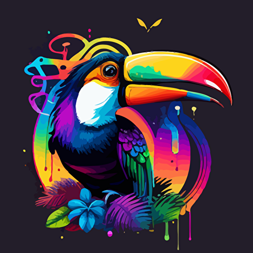 vector illustration of a singing toucan with music symbols::colorful, vaporwave colors, no background, vector design