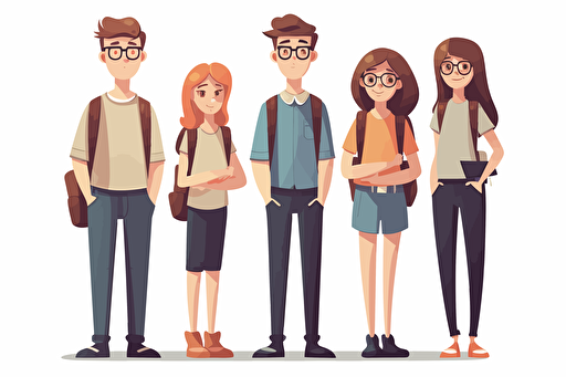 Flat design vector style, a cartoon ENGLISH TEACHER AND A BOY AND A GIRL STUDENTS, fullbody, white background