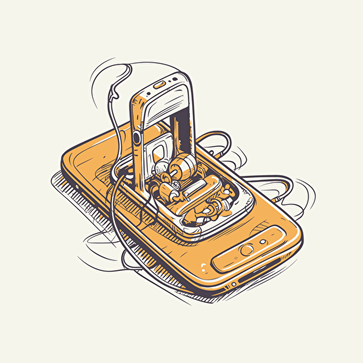 a colorful line drawing of a smartphone that is also a mouse trap, vector grarphic, hand drawing,