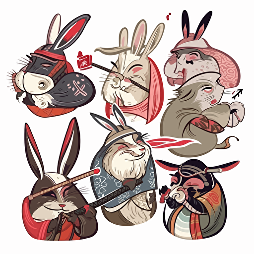 set of stickers: samurai hare hug, spmurai hare laugh, samurai hare kiss, samurai hare dream, samurai hare gnome, samurai hare thoughtfulness, on white background, vector,