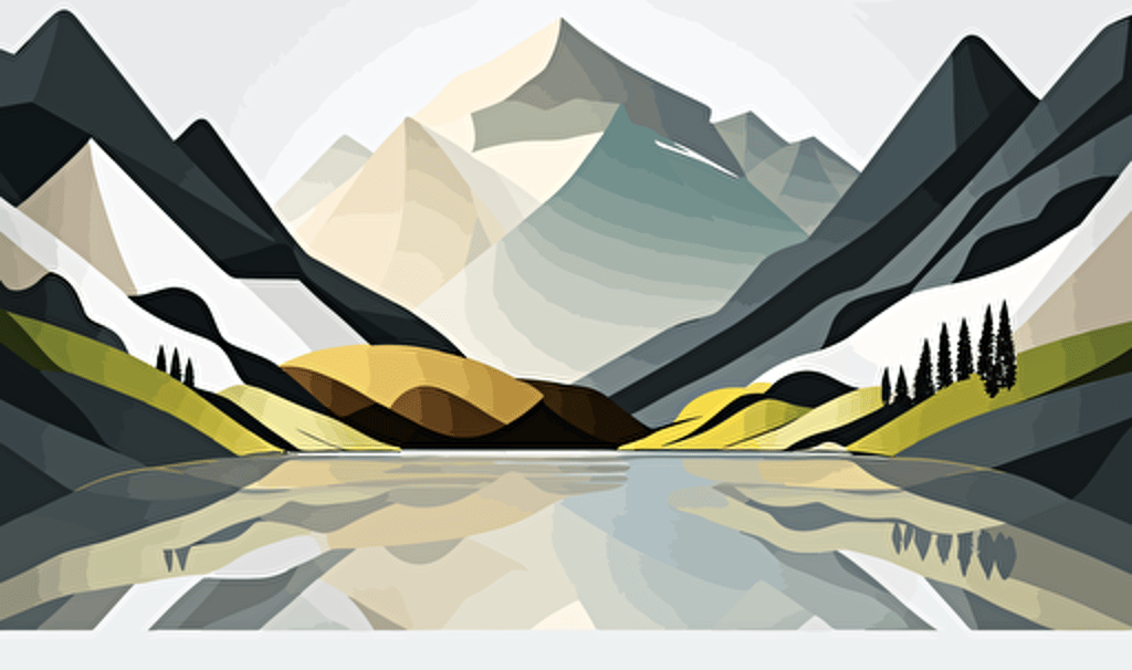 mountain and river in a landscape, geometric, flat, vectors, minimalistic, white background with empty spaces on top