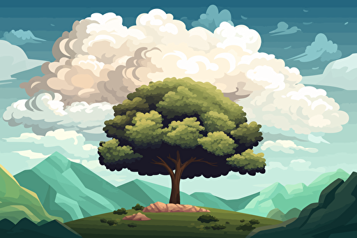 vector illustration of a large single tree in front of mountains and giant cumulus clouds
