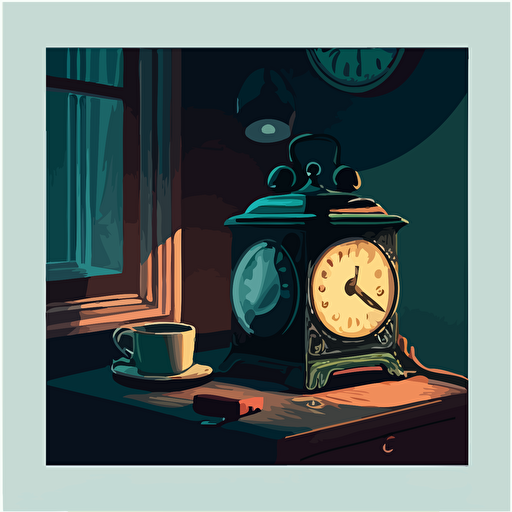 illustrated scene of a nightstand with an alarm clock. Vector. Moody. Detailed. Contrasting shadows. Modern**