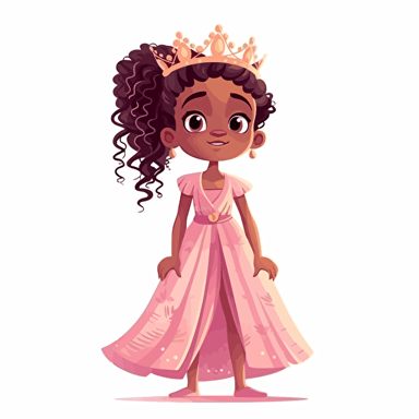 Vector illustration of a cute, adorable, beautiful little black girl princess, with many beautiful braids hairstyle, standing, wearing a beautiful pink long dress and a golden crown on her head, in vivid colors