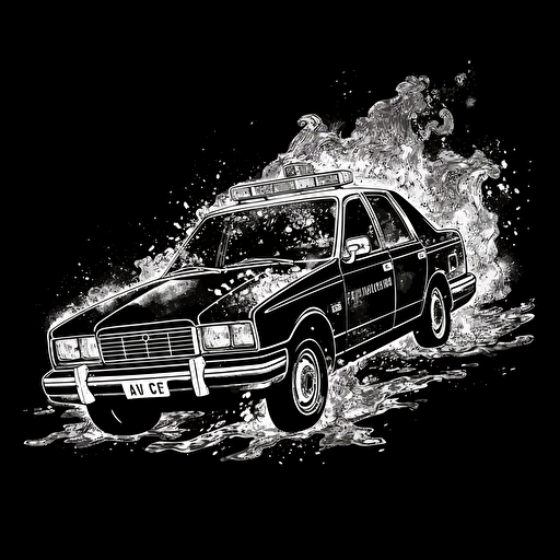 police car on fire in Mile Giants style of drawing, white on black background, no shading, 2D, vector,