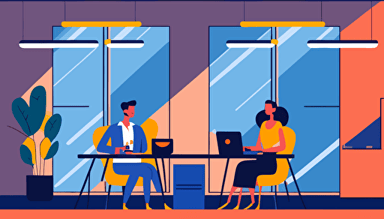 style: flat vector illustration styles, color: only 4 vivid color, situation: The scene where two people are having a meeting, deatail: Adobe illustration line a clear, distinct, plain, evident, definite, obvious, apparent line