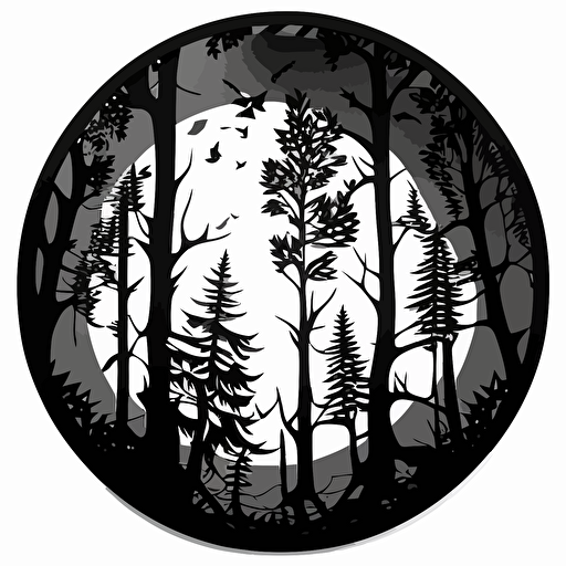 simplified black and white drawing of laser cut forest, monotone, single layer, no shadows, #000000, 70mm diameter perfect circle, black outer border, vector art