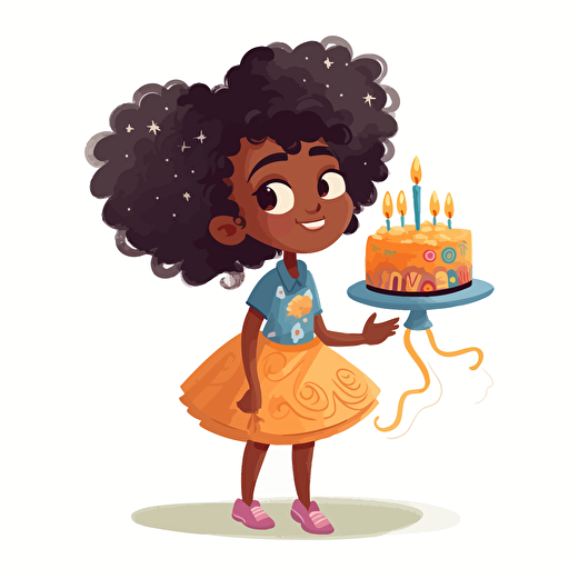 vector illustration of a Adorable african girl, natural hair, playing in a simple dress, silly, playful, holding a birthday cake, colorful