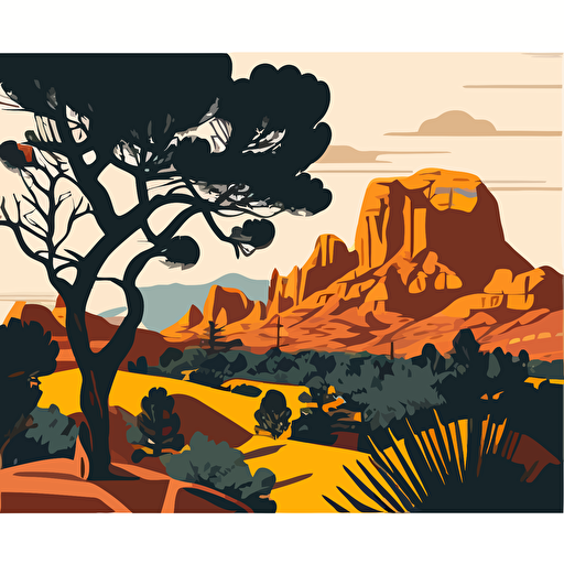 detailed flat vector image of the sedona landscape and sedona buttes, warm muted colors with tree silhouetes out in the distance, stylistic collage