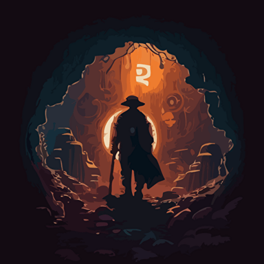 Influenced by the idea of exploration, create a vector illustration of Satoshi Nakamoto discovering a hidden underground cave filled with ancient inscriptions about digital currencies. Set the scene in a mystical, mysterious environment.