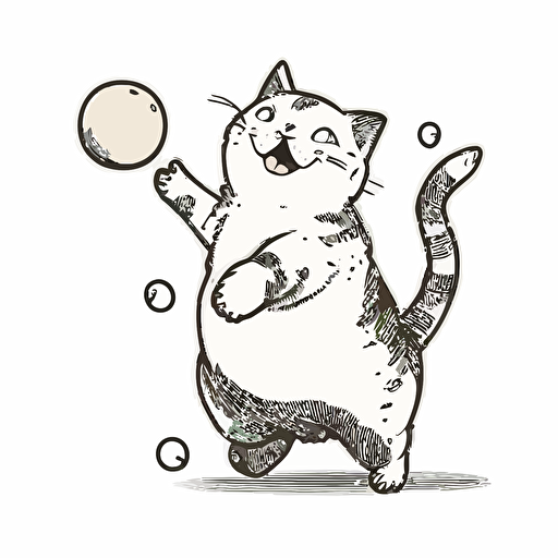 sticker, happy friendly cat playing with ball, liu yi artist style, vector, contour, white background