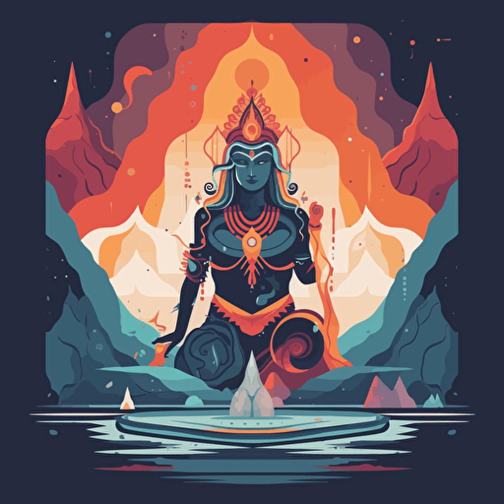 Simplified flat art vector image of esoteric mantra shiva with a figure in colorful costumes stands above the water, in the style of textured and layered abstract forms, geometric surrealism, on dark background