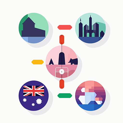 collage of 6 countries included EU, US, Australia, Japan, South Korea, Singapore: famous location mark, abstract style, 2D vector