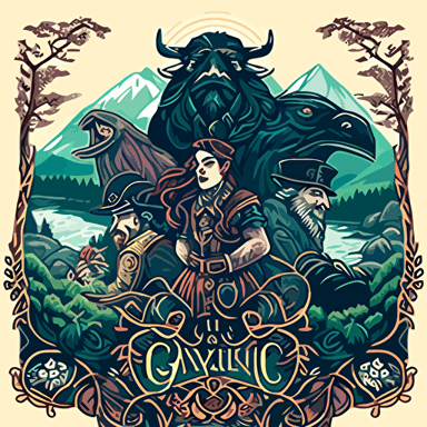fantasy game cover, detailed, vector art, style of art nouveau, 4 charaters, hints of celtic designs, hints of viking designs, on a background of mountains, and forests