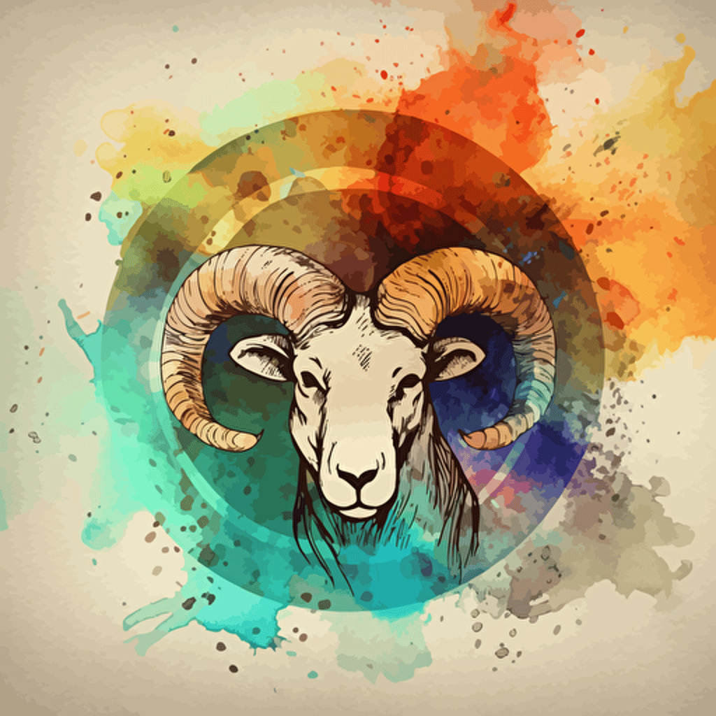 vector line drawing of aries symbol, with multicolor, watercolor background.