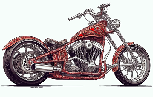 vector illustration of a red chopper bike sitting on a white background, in the style of unique and one-of-a-kind pieces, strong sense of realism, mote kei, use of precious materials, junglepunk, sterling silver highlights, cut and paste