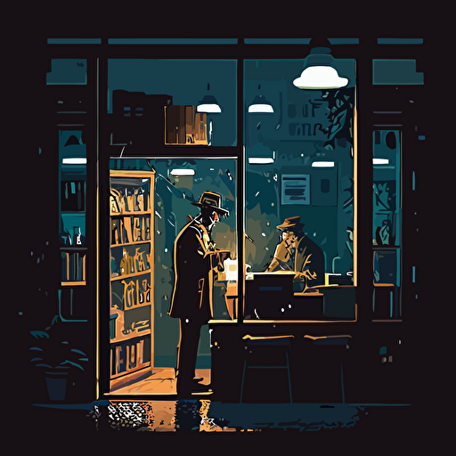 Inspired by the mysterious nature of Satoshi Nakamoto, create a vector illustration of a film noir-style detective office, with Satoshi discussing the future of cryptocurrencies with a private investigator. Set the scene on a rainy night.