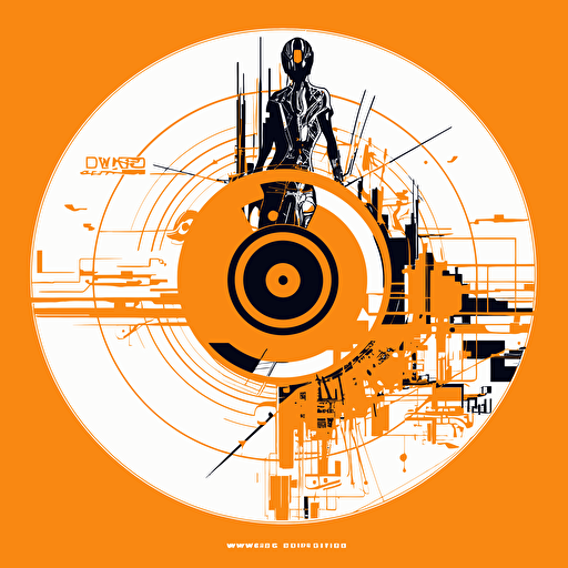 2D vector Music Vinil in minimalism cyberpunk style. Colors: orange & white background